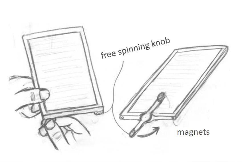 A sketch of an e-reader with an crank at the bottom